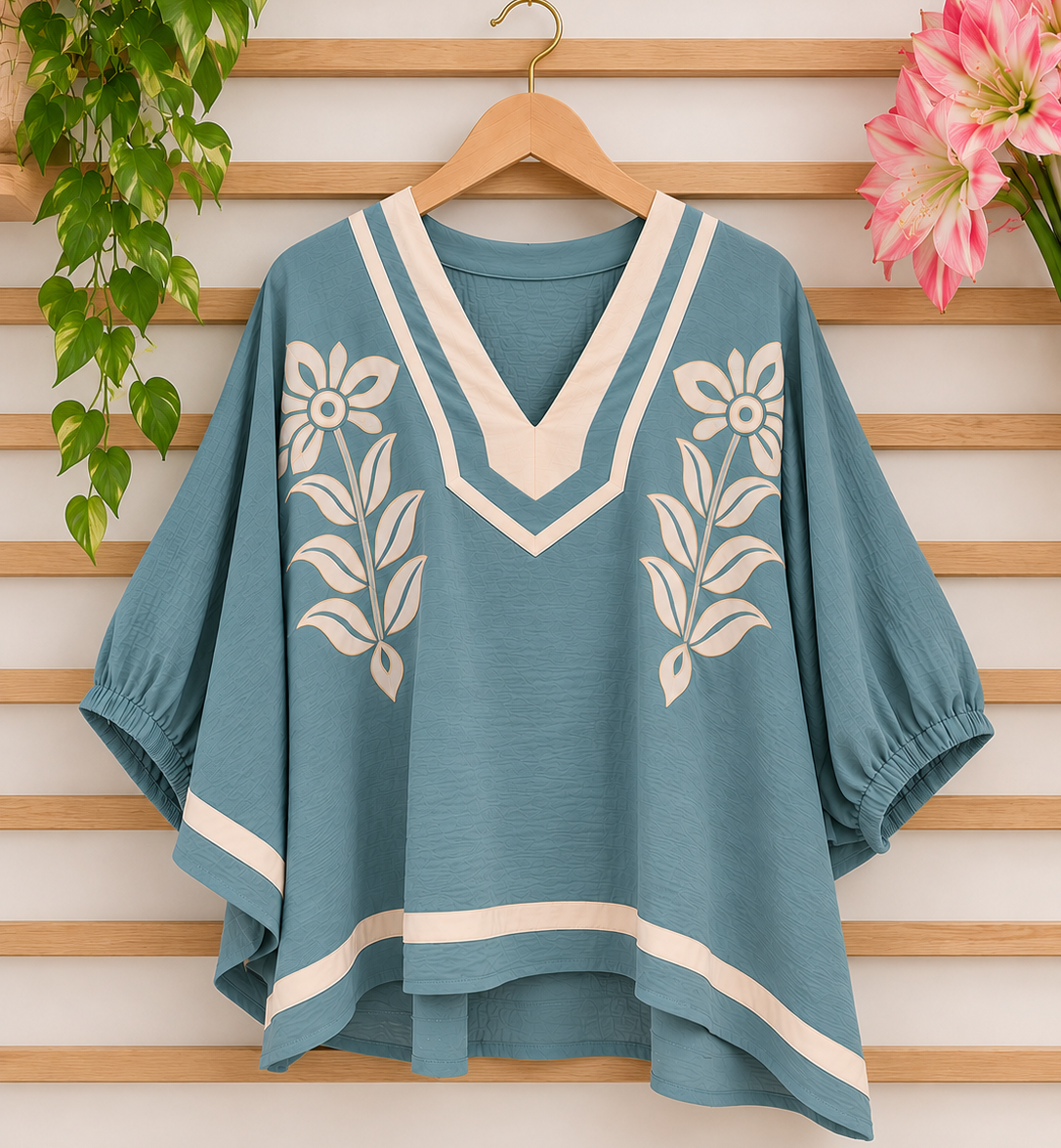 Vintage Blue Floral Embroidered Contrast Blouse (Pre Order)