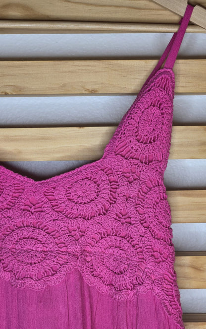 Crochet Lace Tiered Hem Maxi Fuchsia Dress
