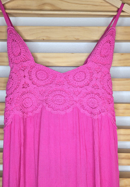 Crochet Lace Tiered Hem Maxi Fuchsia Dress