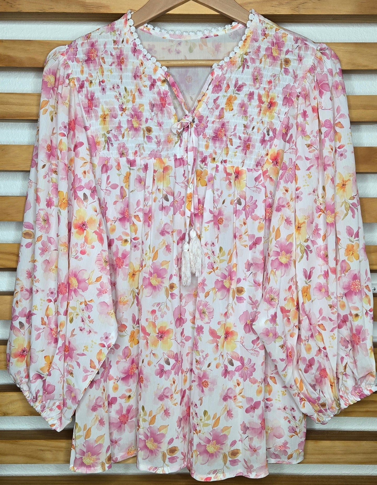 boho blouse, floral tunic, tassel tie top, puff sleeve blouse, smocked v neck, casual chic, bohemian style
