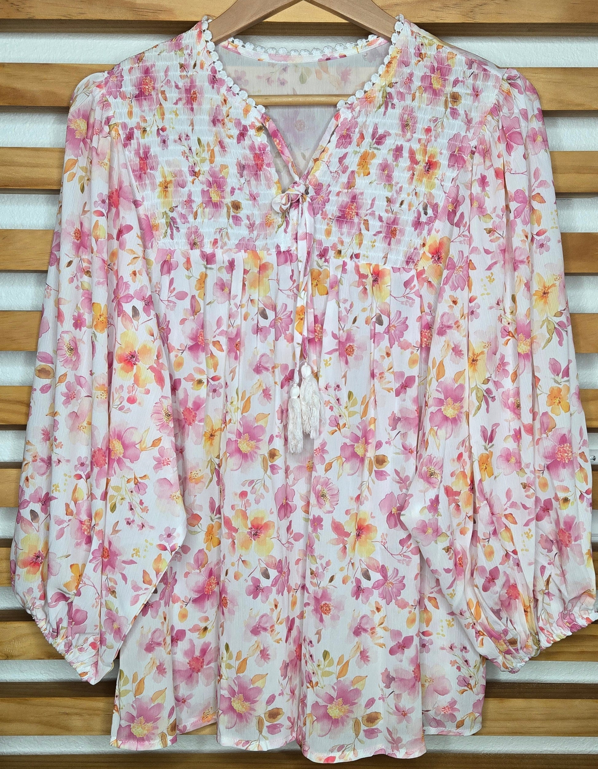 boho blouse, floral tunic, tassel tie top, puff sleeve blouse, smocked v neck, casual chic, bohemian style