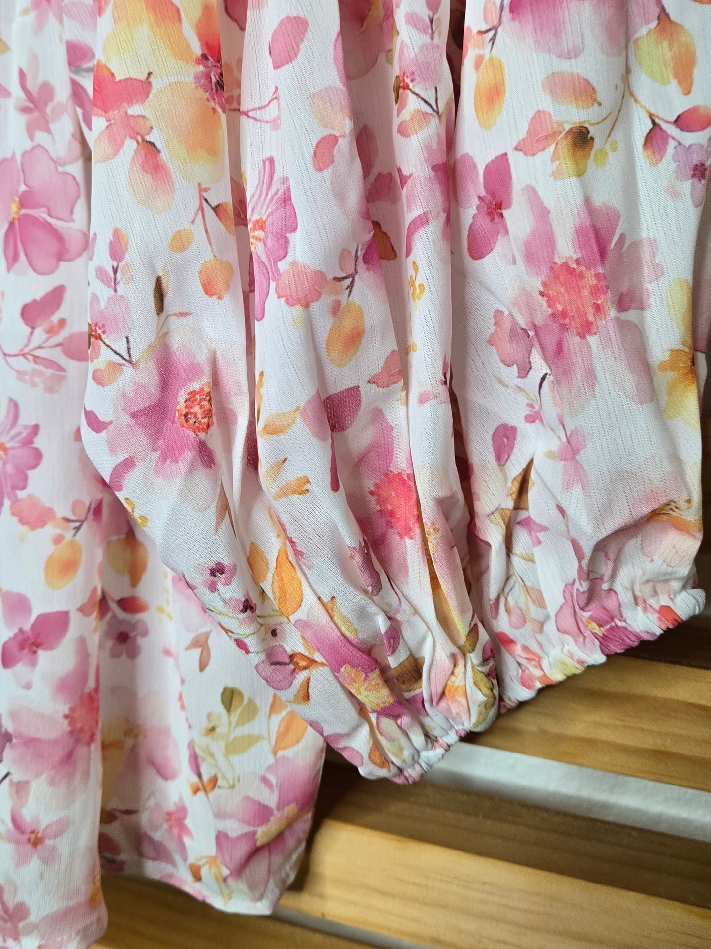 Boho Floral Smocked Blouse with Tassel Tie & Puff Sleeves