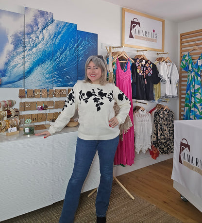 floral knit sweater, round neck sweater, cozy knit, feminine sweater, fall knitwear