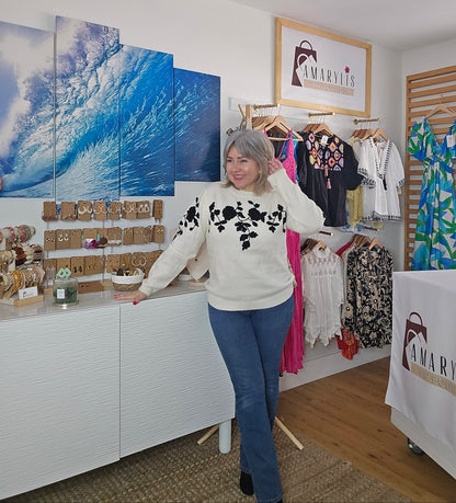 floral knit sweater, round neck sweater, cozy knit, feminine sweater, fall knitwear