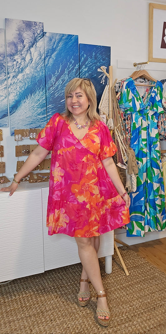 floral mini dress, V-neck dress, puff sleeves, elastic cuffs, tiered ruffles, tie back dress, airy A-line, relaxed fit, summer dress, lightweight dress, amarylisvipboutique, amarylis