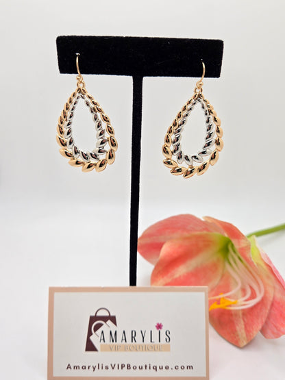 two-tone earrings, teardrop earrings, layered earrings, gold and silver jewelry, lightweight earrings, statement earrings