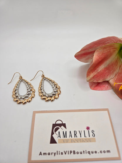 two-tone earrings, teardrop earrings, layered earrings, gold and silver jewelry, lightweight earrings, statement earrings
