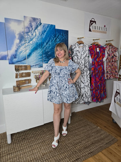 boho style, chic look, denim romper, floral fashion, puff sleeves, square neck, casual chic, wardrobe essential, trendy outfit, amarylis vip boutique