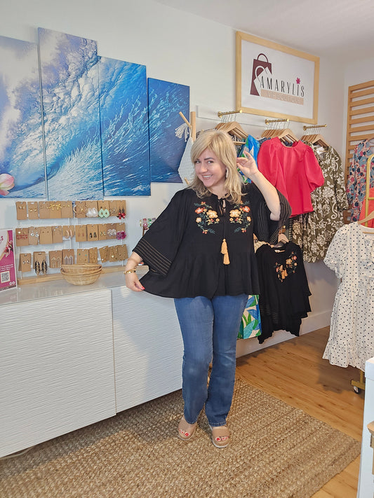 boho style blouse, black boho blouse, embroidered black blouse, tassel detail top, bohemian black top, lightweight boho blouse, half wing sleeve blouse, crinkle fabric blouse, floral embroidered top, boho chic outfit