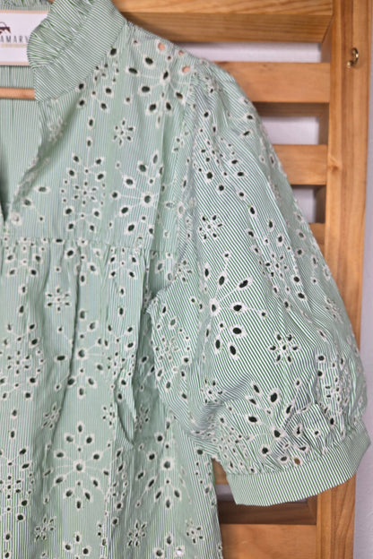 Light Green Boho Blouse with Floral Details