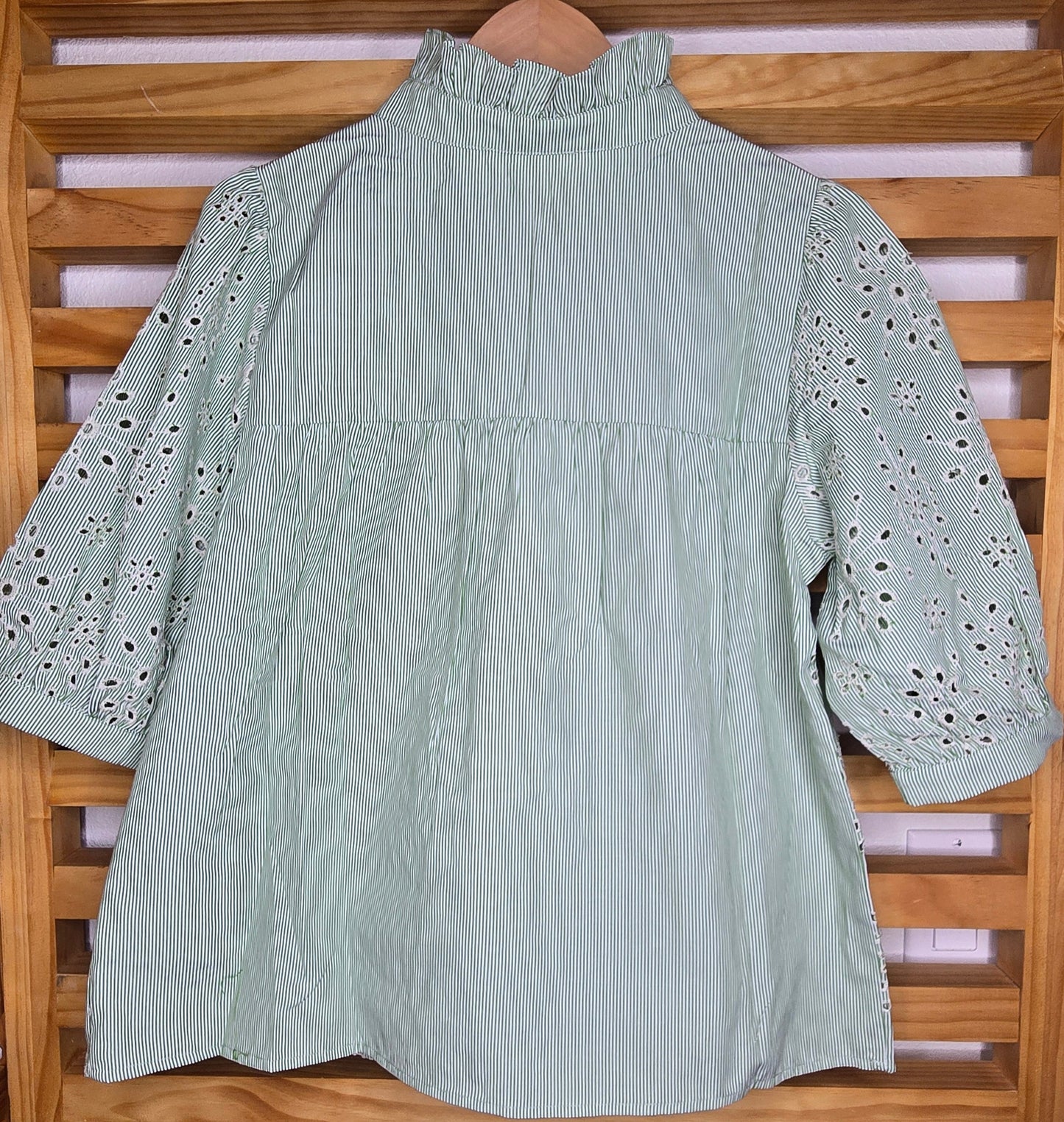 boho top, embroidered blouse, modest fashion, light green blouse, floral details, conservative style, breathable top, puff sleeve blouse, eyelet blouse, spring top, feminine outfit