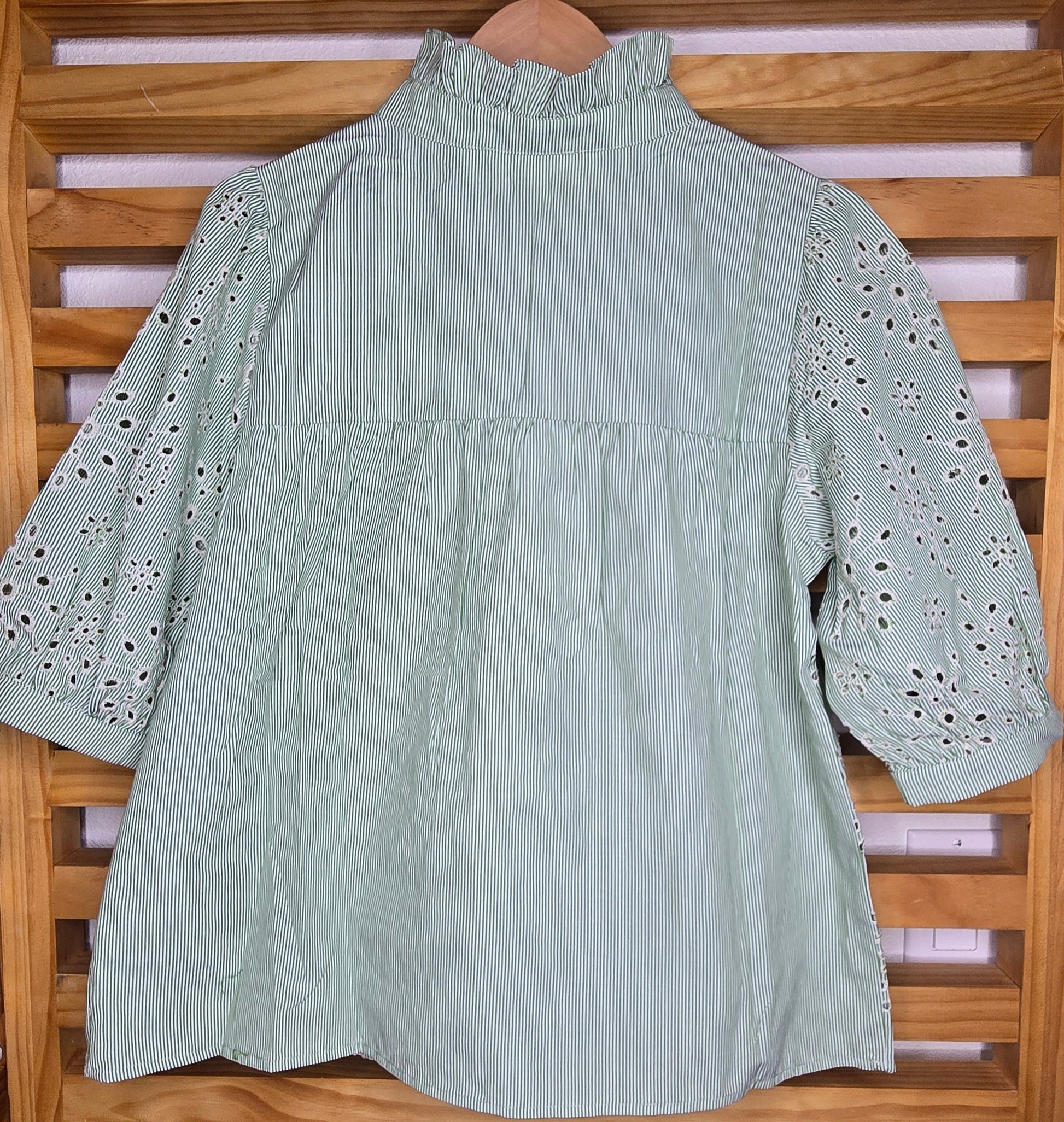 boho top, embroidered blouse, modest fashion, light green blouse, floral details, conservative style, breathable top, puff sleeve blouse, eyelet blouse, spring top, feminine outfit