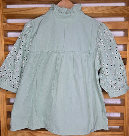 boho top, embroidered blouse, modest fashion, light green blouse, floral details, conservative style, breathable top, puff sleeve blouse, eyelet blouse, spring top, feminine outfit