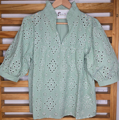 boho top, embroidered blouse, modest fashion, light green blouse, floral details, conservative style, breathable top, puff sleeve blouse, eyelet blouse, spring top, feminine outfit