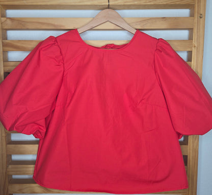 red blouse, bow tie back, bubble sleeves, v-back blouse, feminine top, summer blouse, breathable top, lined blouse, elastic trim, romantic blouse, amarylisvipboutique
