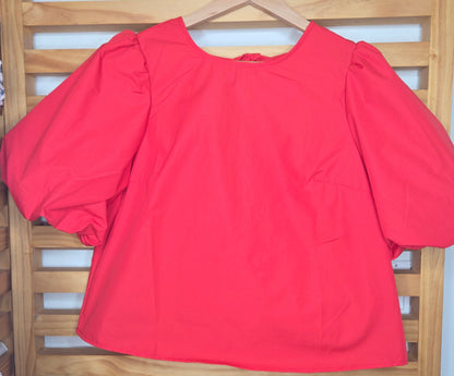 red blouse, bow tie back, bubble sleeves, v-back blouse, feminine top, summer blouse, breathable top, lined blouse, elastic trim, romantic blouse, amarylisvipboutique