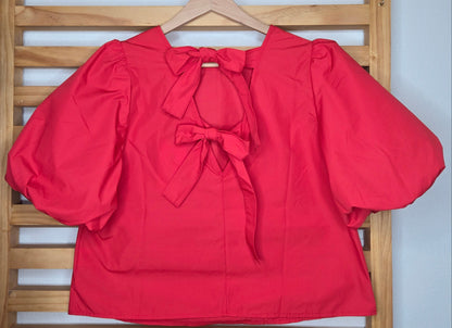 red blouse, bow tie back, bubble sleeves, v-back blouse, feminine top, summer blouse, breathable top, lined blouse, elastic trim, romantic blouse, amarylisvipboutique