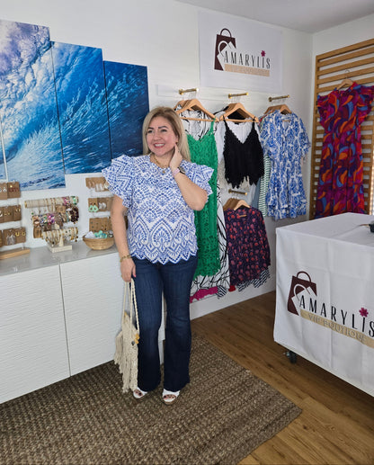 #BohoStyle #EmbroideredTop #EyeletBlouse #RuffleSleeves #ChicAndFeminine #ScallopedHem #BlueAndWhite #TimelessFashion #EffortlessStyle #BohoChic #eyelet #amarylisvipboutique