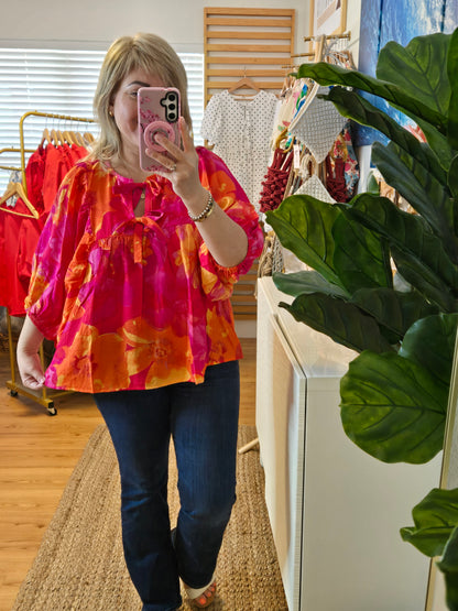 floral blouse, balloon sleeves, tie-front top, keyhole neckline, boho style, romantic blouse, feminine fashion, lightweight blouse, plus, XXL,xxxl, amarylisvipboutique, amarylis
