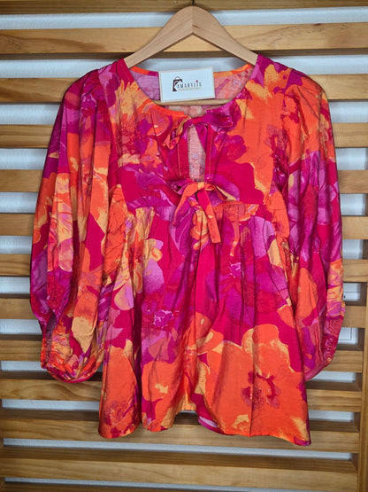 floral blouse, balloon sleeves, tie-front top, keyhole neckline, boho style, romantic blouse, feminine fashion, lightweight blouse