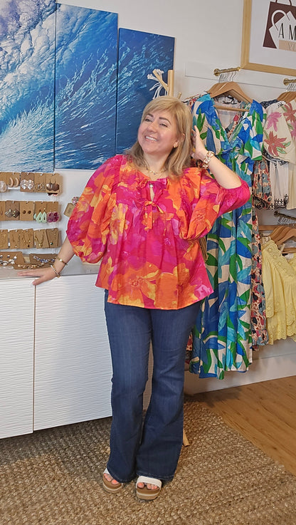 floral blouse, balloon sleeves, tie-front top, keyhole neckline, boho style, romantic blouse, feminine fashion, lightweight blouse, plus, XXL,xxxl, amarylisvipboutique, amarylis