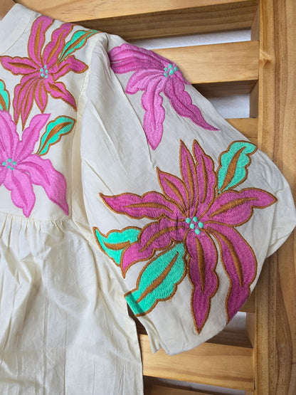 Embroidered Boho Blouse with Vibrant Floral Details