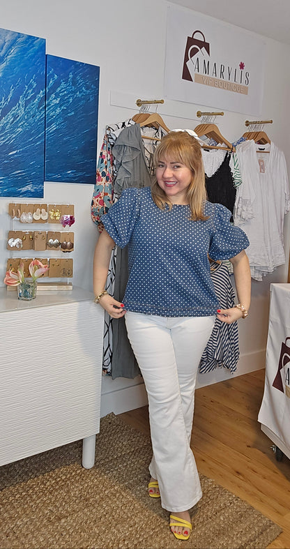 denim top, polka dot blouse, casual chic, boho fashion, lightweight denim, effortless style, everyday wear, trendy outfit, relaxed fit, soft fabric, amarylisvipboutique