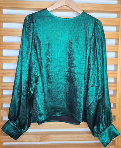 Elegant Metallic Fabric Blouse with Balloon Sleeves (green)