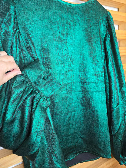 Elegant Metallic Fabric Blouse with Balloon Sleeves (green)