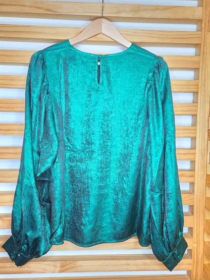 Elegant Metallic Fabric Blouse with Balloon Sleeves (green)