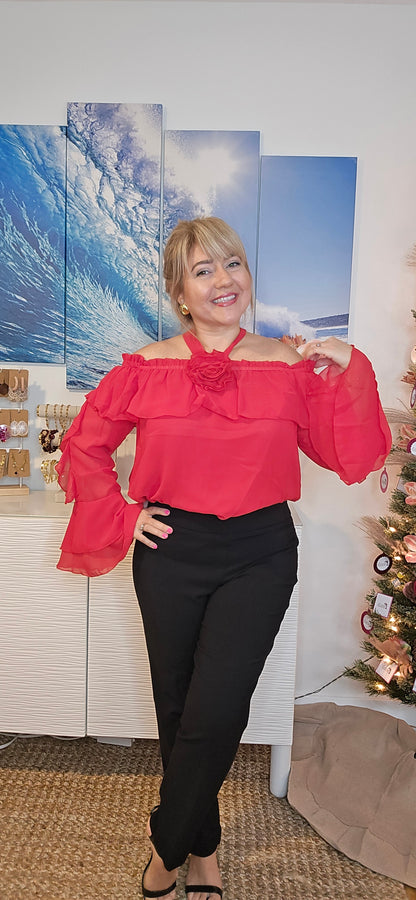 Off-the-Shoulder Rose Corsage Red Blouse with Ruffled Sleeves