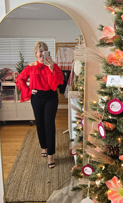 Off-the-Shoulder Rose Corsage Red Blouse with Ruffled Sleeves