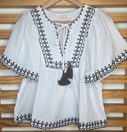 Boho-Inspired Blouse with Embroidery and Tie Neck Detail