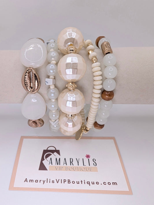 boho jewelry, layered bracelets, charm bracelet, stretch bracelets, mixed beads, gold tone, bohemian accessories