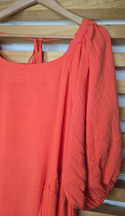 orange dress, back tie dress, balloon sleeves, boho fashion, modest style, women’s clothing, romantic look, casual outfit

