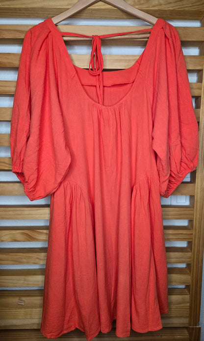 orange dress, back tie dress, balloon sleeves, boho fashion, modest style, women’s clothing, romantic look, casual outfit

