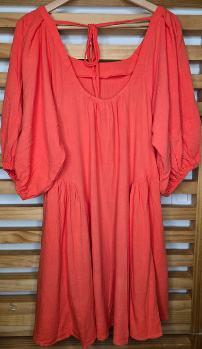 orange dress, back tie dress, balloon sleeves, boho fashion, modest style, women’s clothing, romantic look, casual outfit

