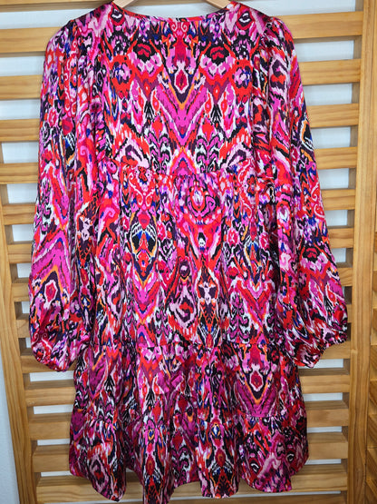 Abstract Pattern Short Dress with Tassel Tie Neck and Long Sleeves