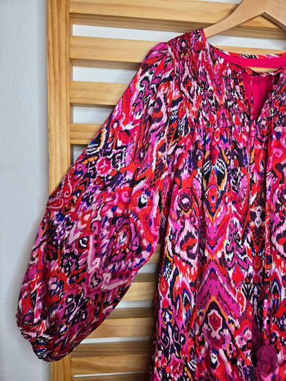 Abstract Pattern Short Dress with Tassel Tie Neck and Long Sleeves