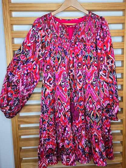 Abstract Pattern Short Dress with Tassel Tie Neck and Long Sleeves