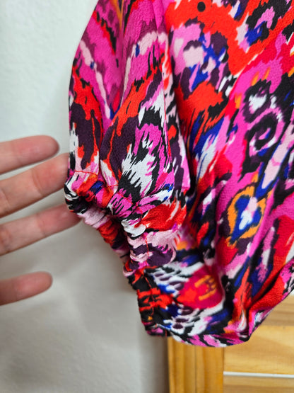 Abstract Pattern Short Dress with Tassel Tie Neck and Long Sleeves