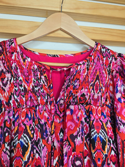 Abstract Pattern Short Dress with Tassel Tie Neck and Long Sleeves