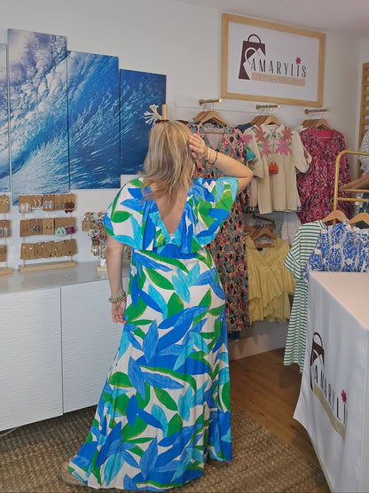 blue, maxi dress, floral print, v-neckline, v-back dress, flutter sleeve, casual dress, front slit, relaxed fit, romantic style, empire waist, amarylisvipboutique, amarylis 