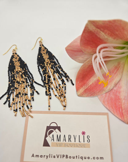 Boho Seed Bead Triangle Fringe Earrings Black and Gold