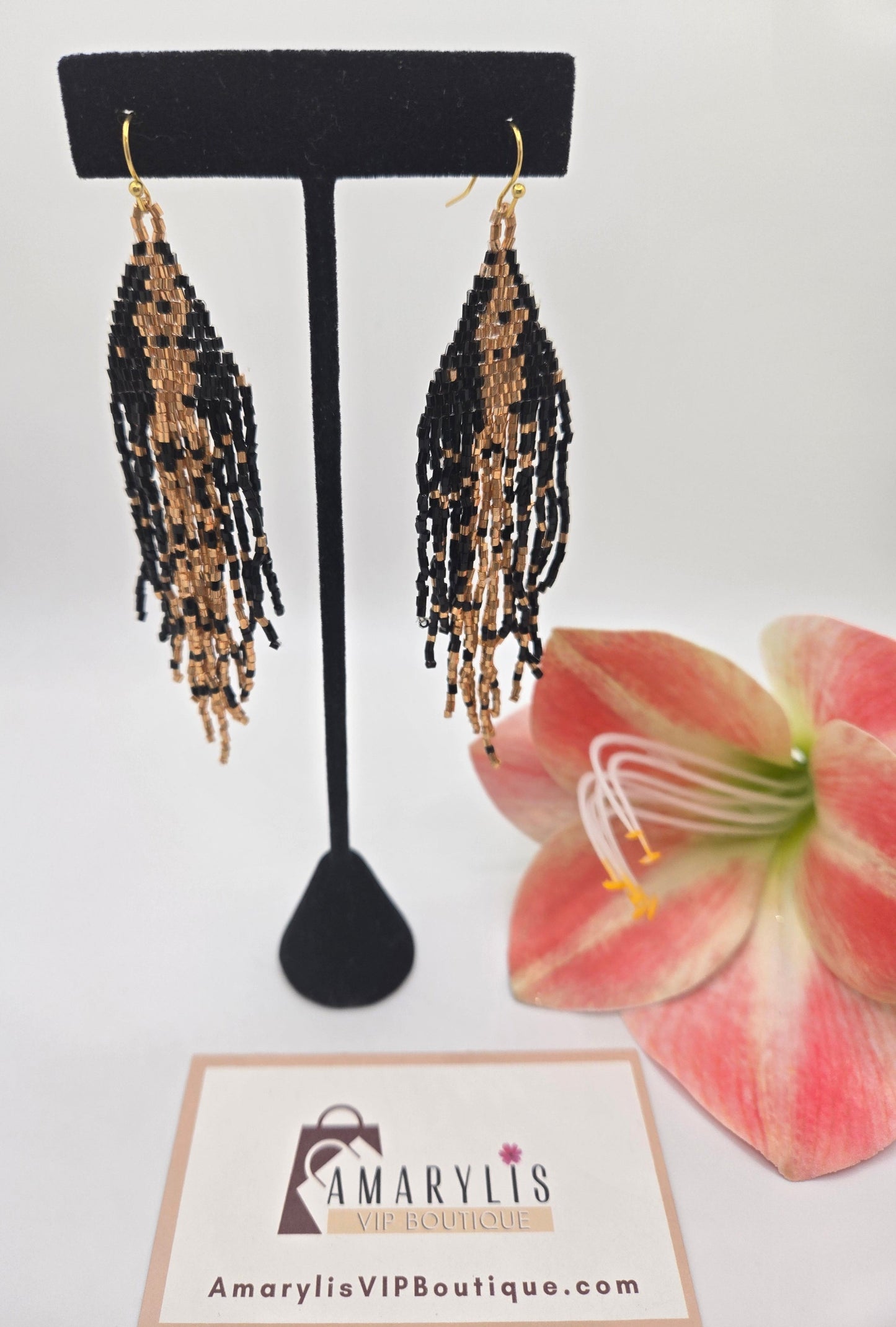 Boho Seed Bead Triangle Fringe Earrings Black and Gold