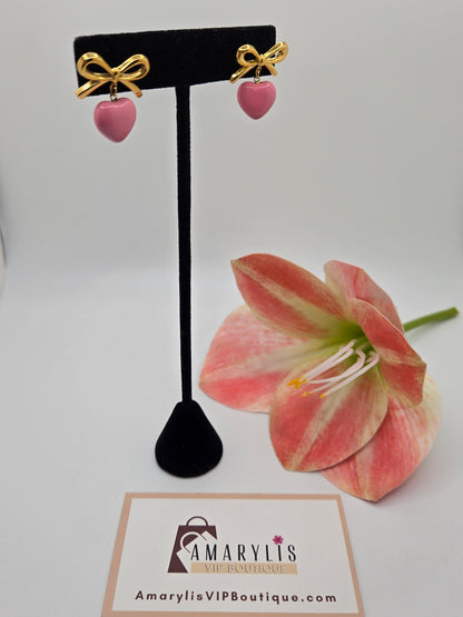 18K Gold Dainty Bow Heart Earrings - Non-Tarnish