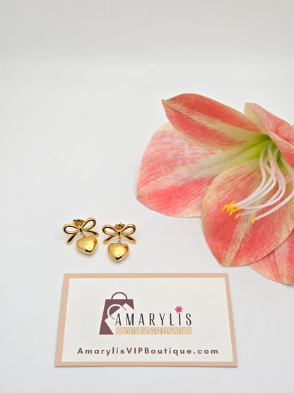18K Gold Dainty Bow Heart Earrings - Non-Tarnish