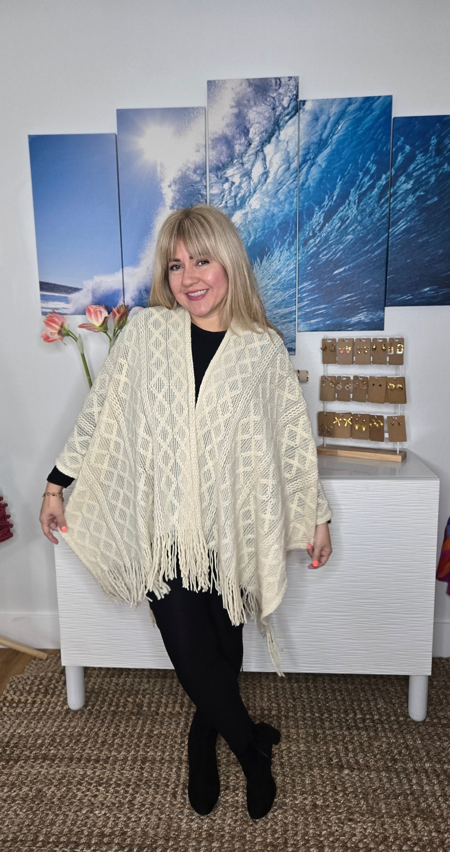 Diamond Pattern Tassel Ruana, One size