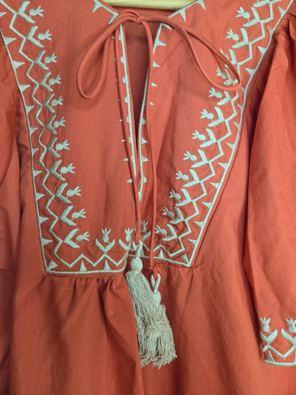 Boho-Inspired Blouse with Embroidery and Tie Neck Detail