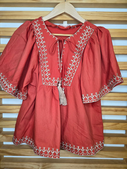 Boho-Inspired Blouse with Embroidery and Tie Neck Detail